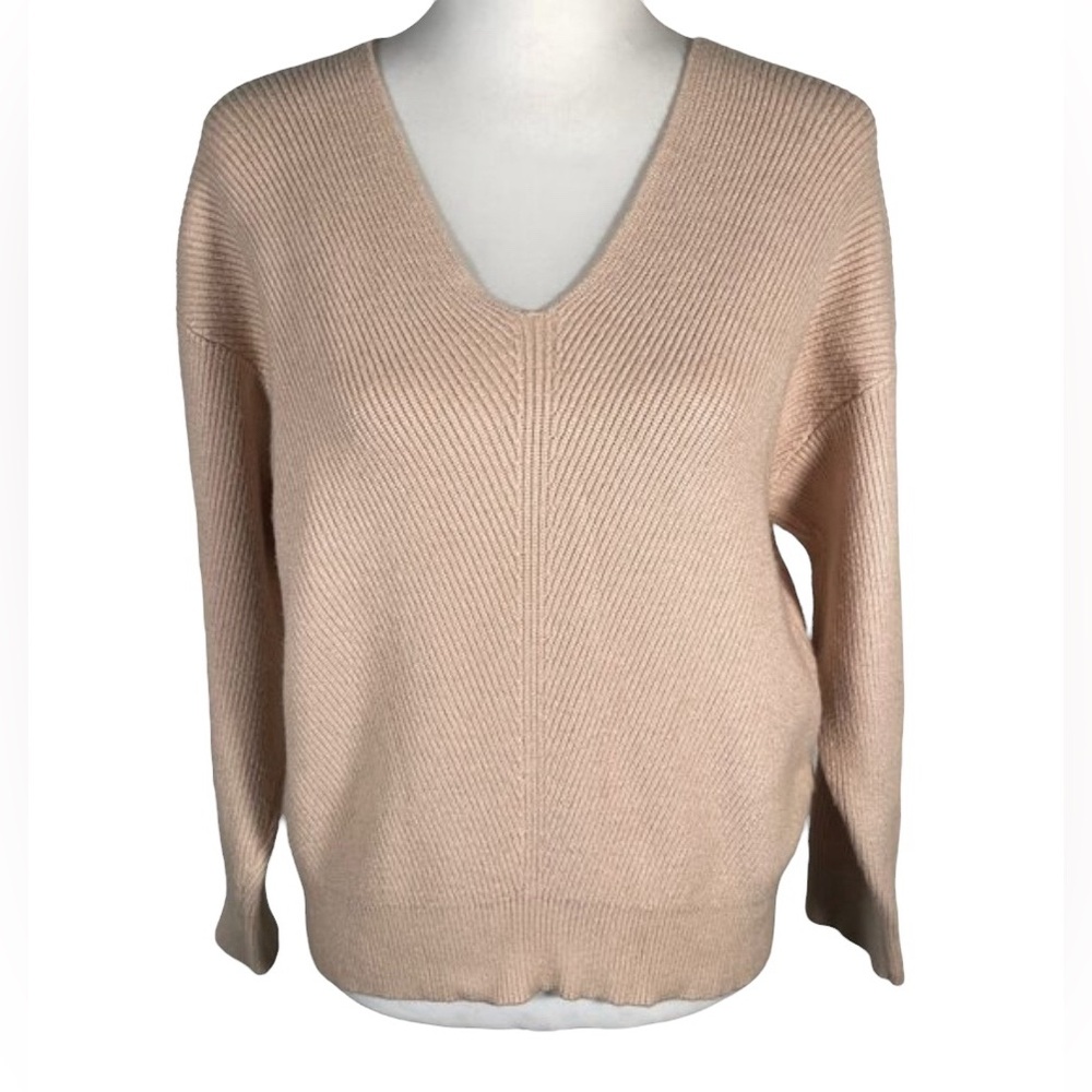 Lomon Tan V Neck Ribbed Knit Drop Shoulder Long Sleeve Pullover Sweater M